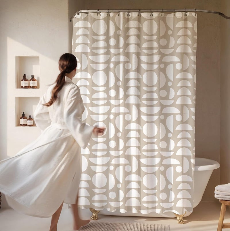 Worthwhile Goods Beige White Abstract Print Shower Curtain - Boho Pattern - Modern Minimalist Home Decor - Neutral Scandi Style Fabric Shower Curtain For Any Bathroom - 72x72 Inches (Neutral Half Circle) - Image 2
